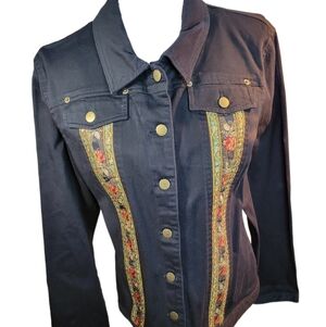 Womans Francesca Rose Black Cotton Embroidered Denim Jacket Style Size Large